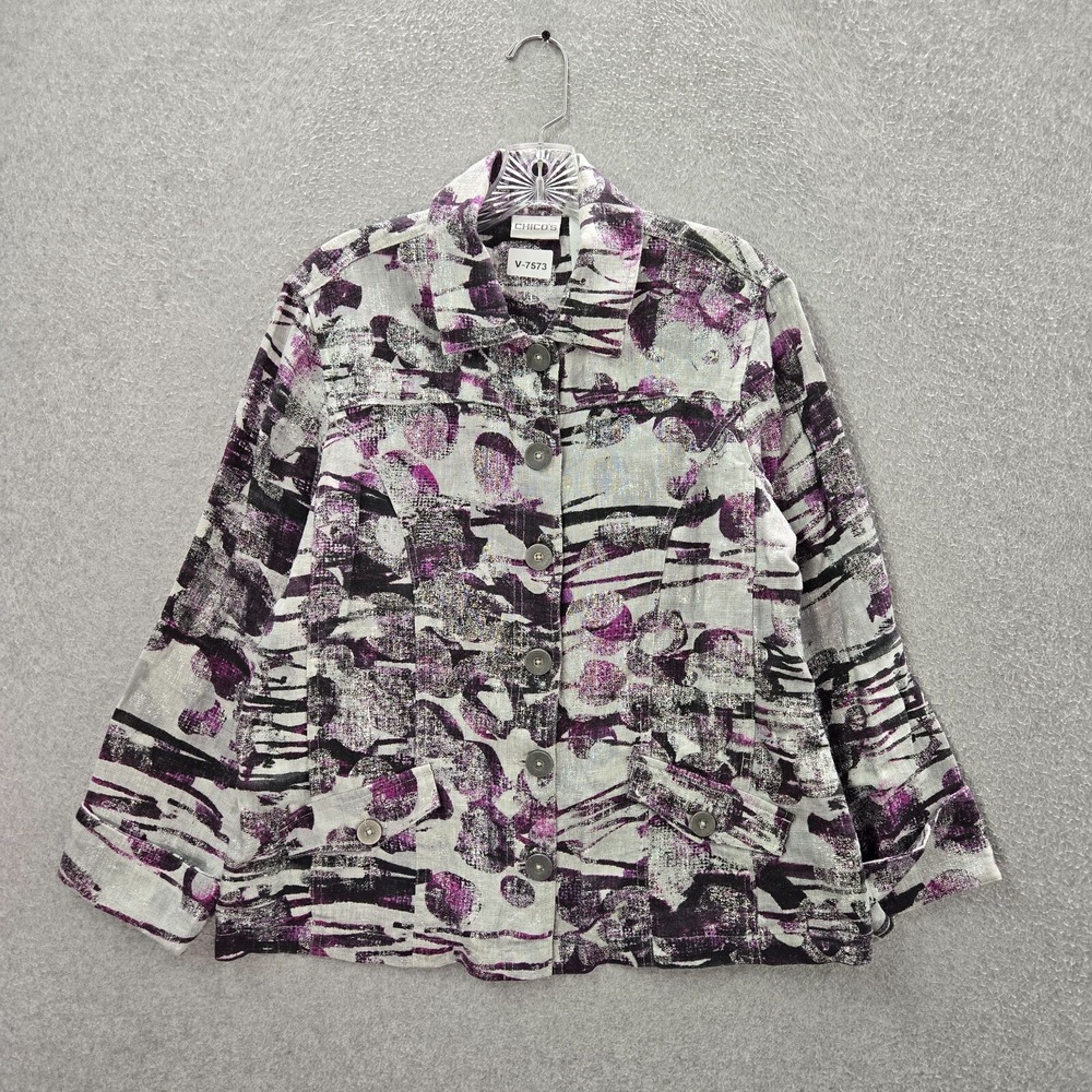 Chico's Women Jacket 1 Purple Blazer 100% Linen Floral Long‎ Sleeve Collar